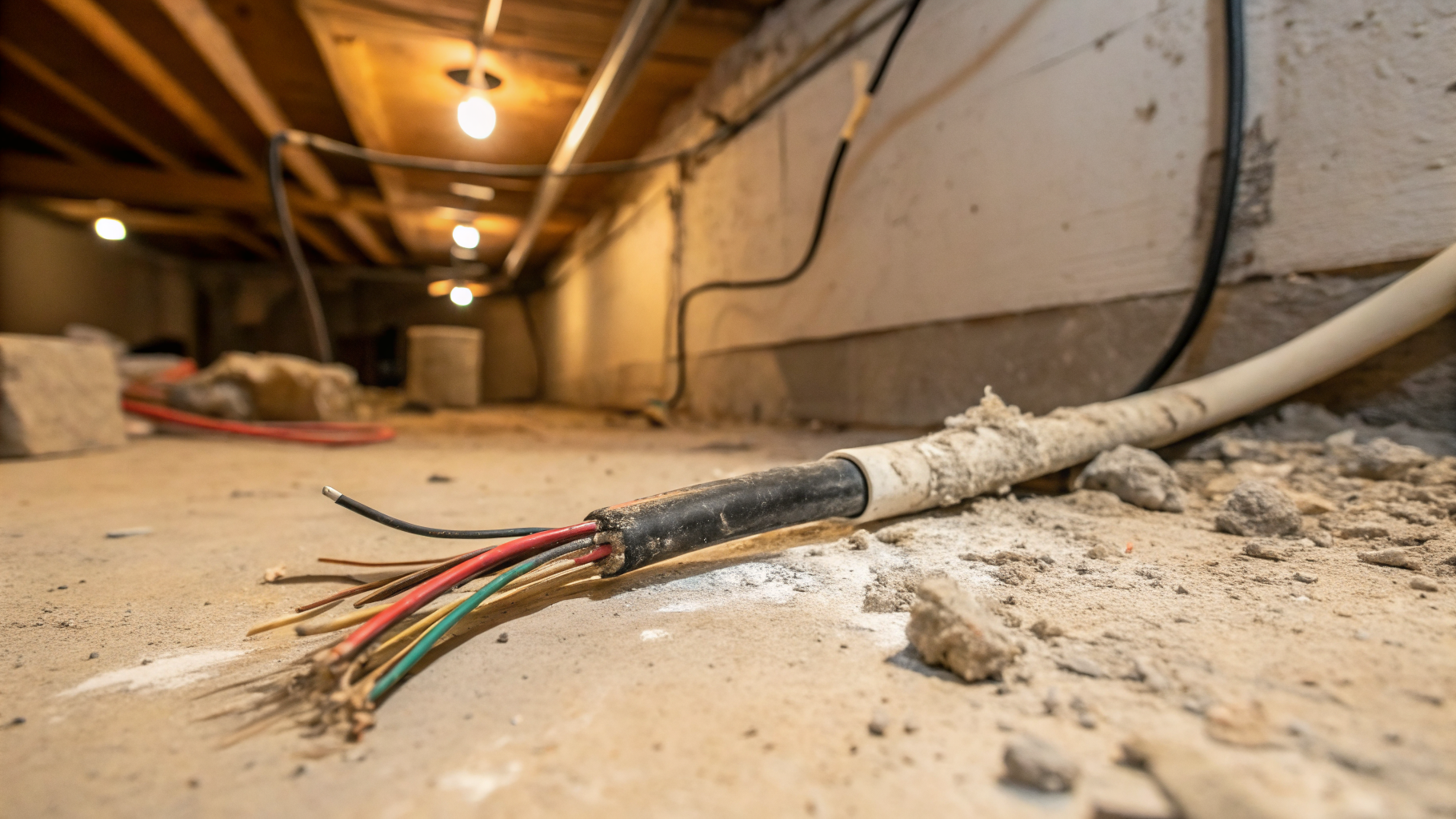 Câble électrique rongé par des rongeurs dans un sous-sol, isolant arraché et fils apparents