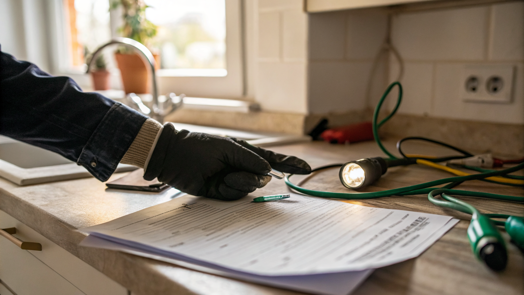 Technicien dératiseur examinant des câbles rongés et un dossier d'assurance habitation dans une cuisine