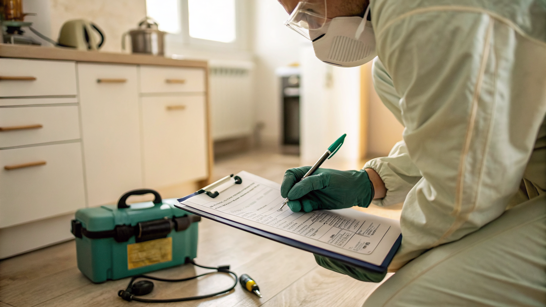 Technicien Certibiocide remplissant un rapport d'intervention dans une cuisine après un traitement anti-nuisibles