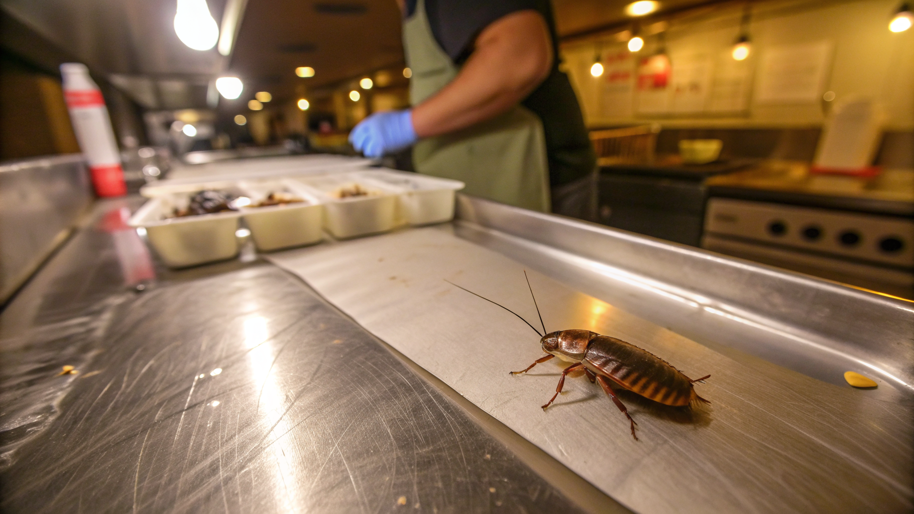 Blatte germanique sur une plinthe de cuisine de restaurant, inspectée par un technicien Certibiocide