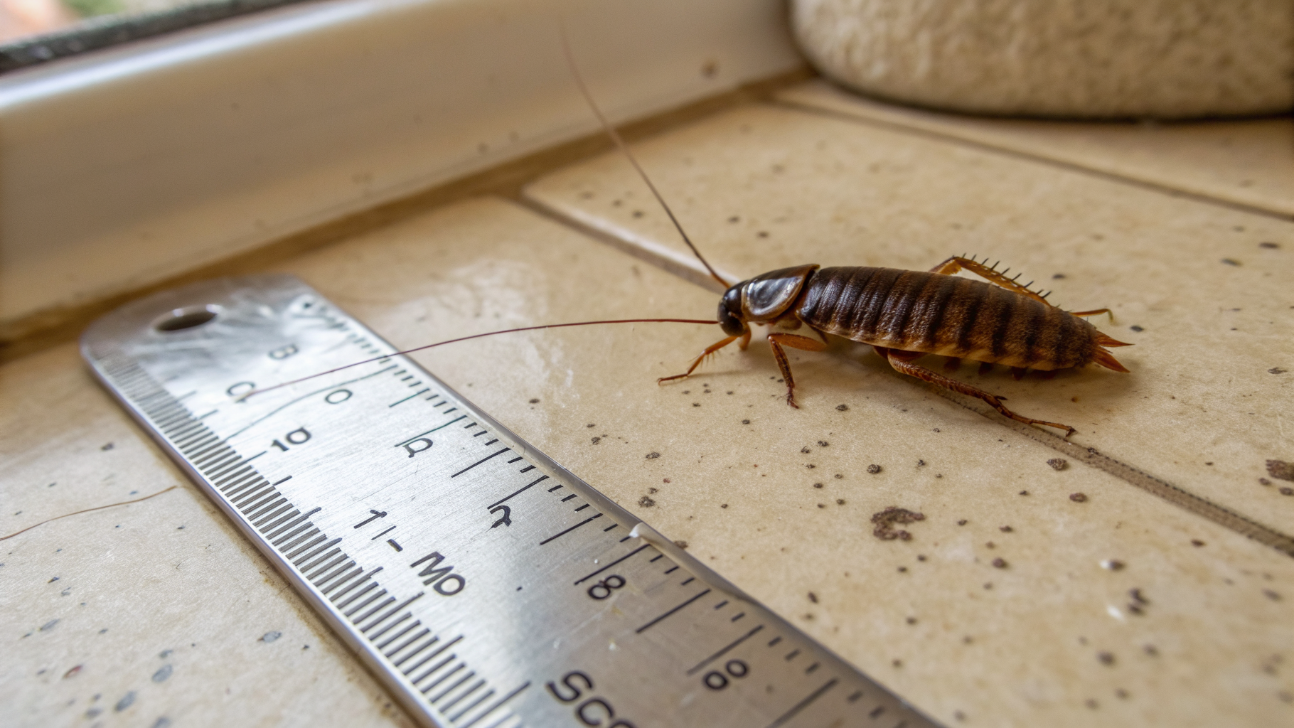 Macro photo d'une blatte germanique montrant les deux bandes noires du pronotum, avec une règle pour l'échelle