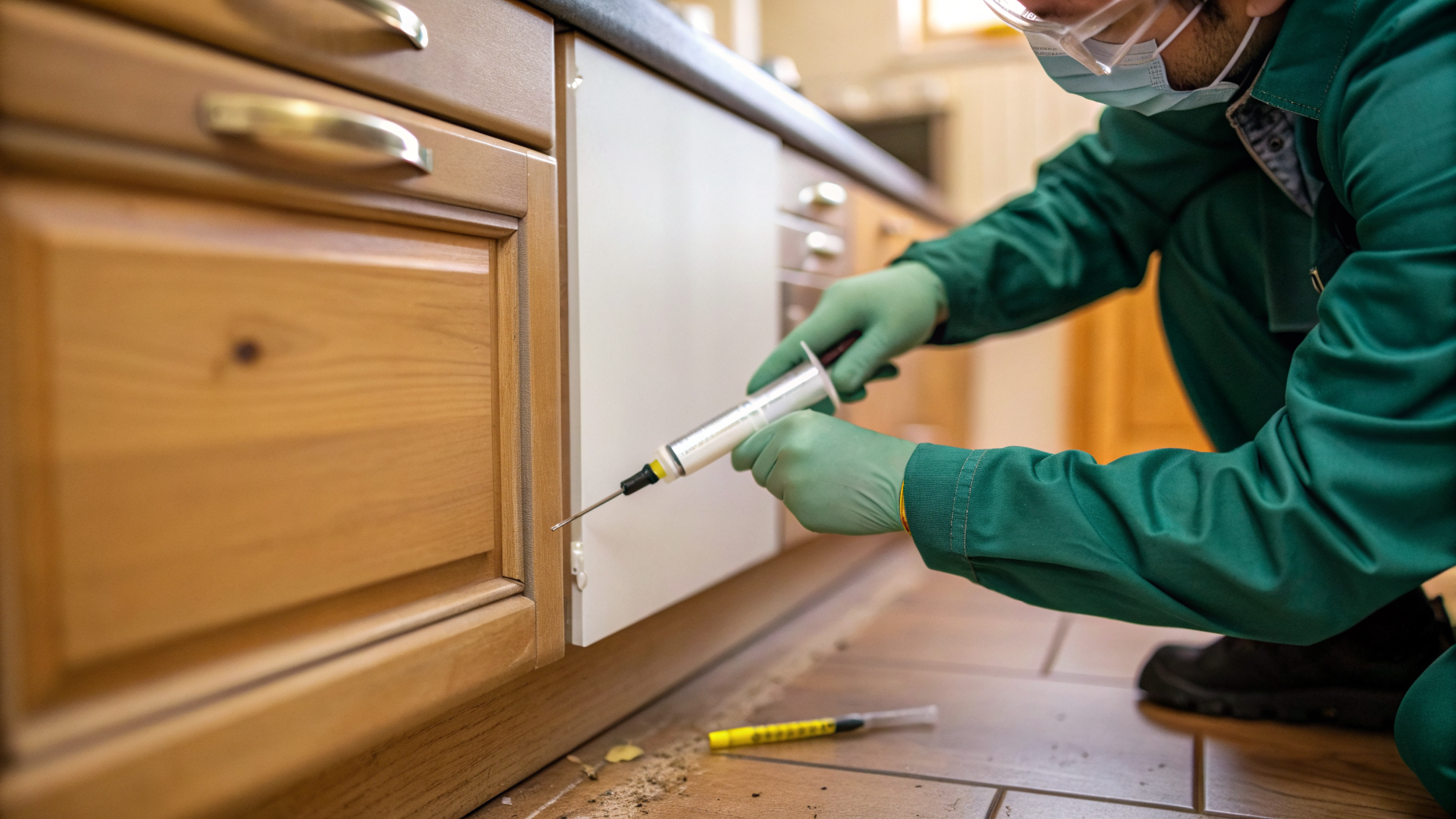 Technicien Certibiocide appliquant un gel insecticide dans une charnière de meuble de cuisine