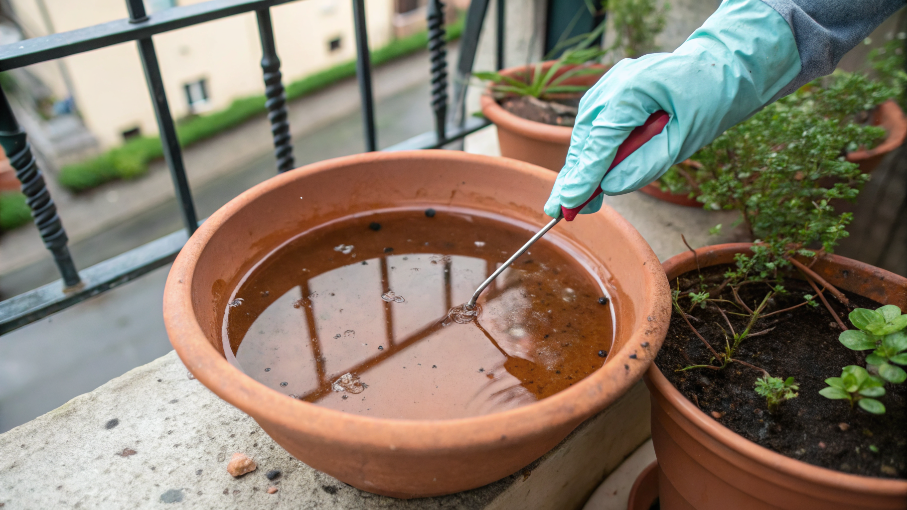 Eau stagnante dans une soucoupe de pot de fleurs, gîte larvaire de moustiques