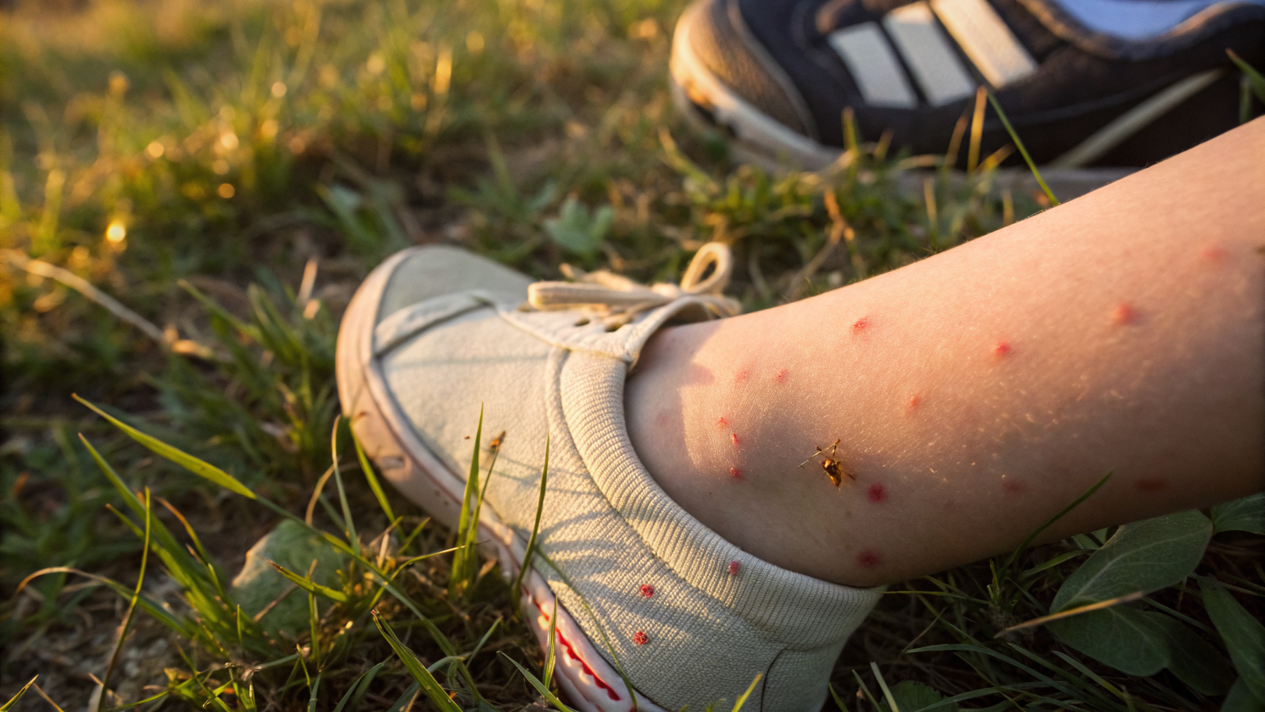Bouton de moustique frais sur la cheville d'un enfant, papule rouge caractéristique