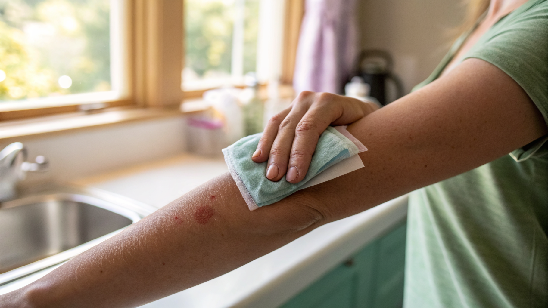 Application d'une compresse froide sur un bouton de moustique pour calmer la démangeaison