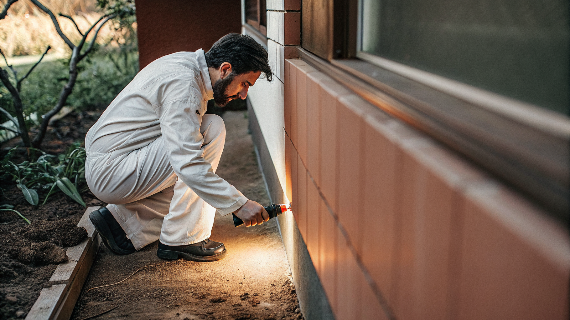 Technicien Sanalia inspectant des fondations pour traitement cafards jardin