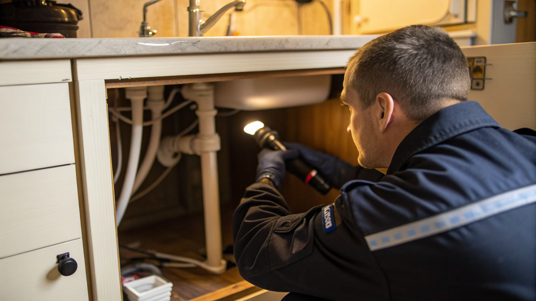 Technicien Certibiocide inspectant sous un évier de cuisine avec une lampe torche