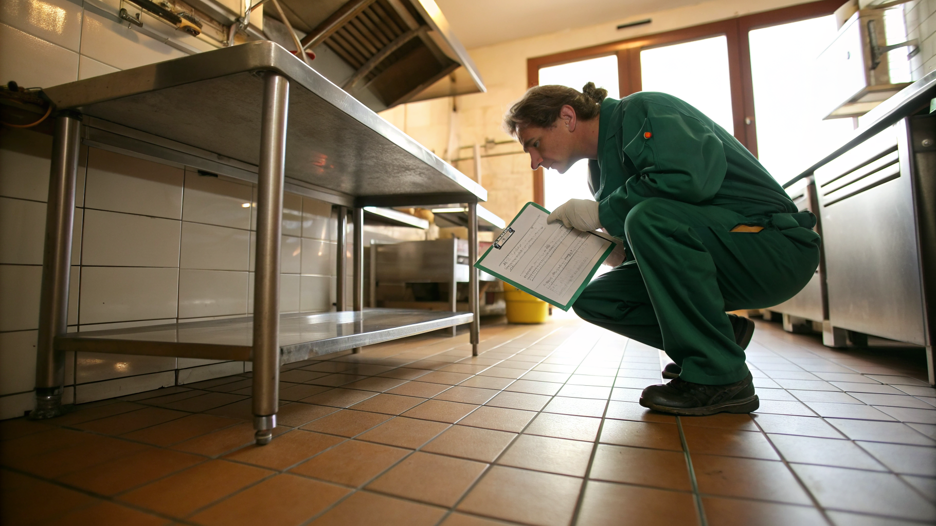 Technicien Sanalia inspectant sous une table de préparation en cuisine professionnelle avec un rapport d'intervention