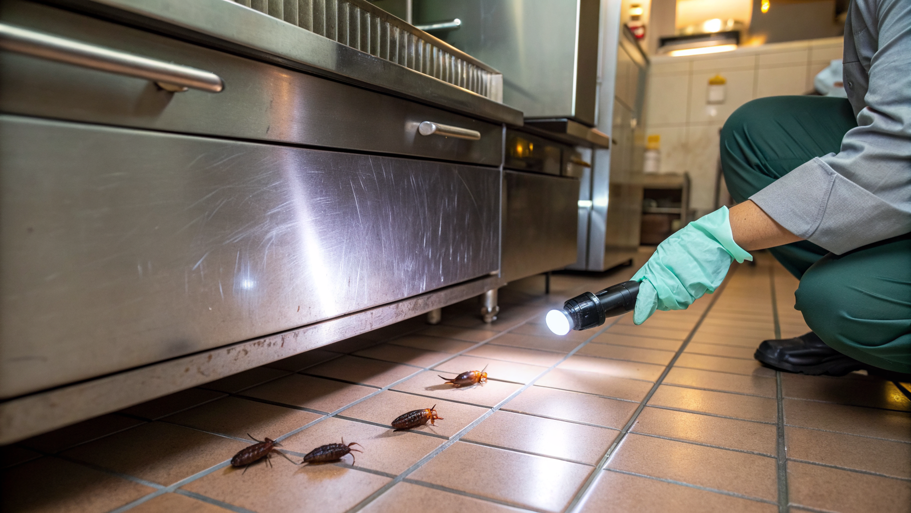 Technicien Sanalia inspectant une cuisine professionnelle pour des signes de cafards
