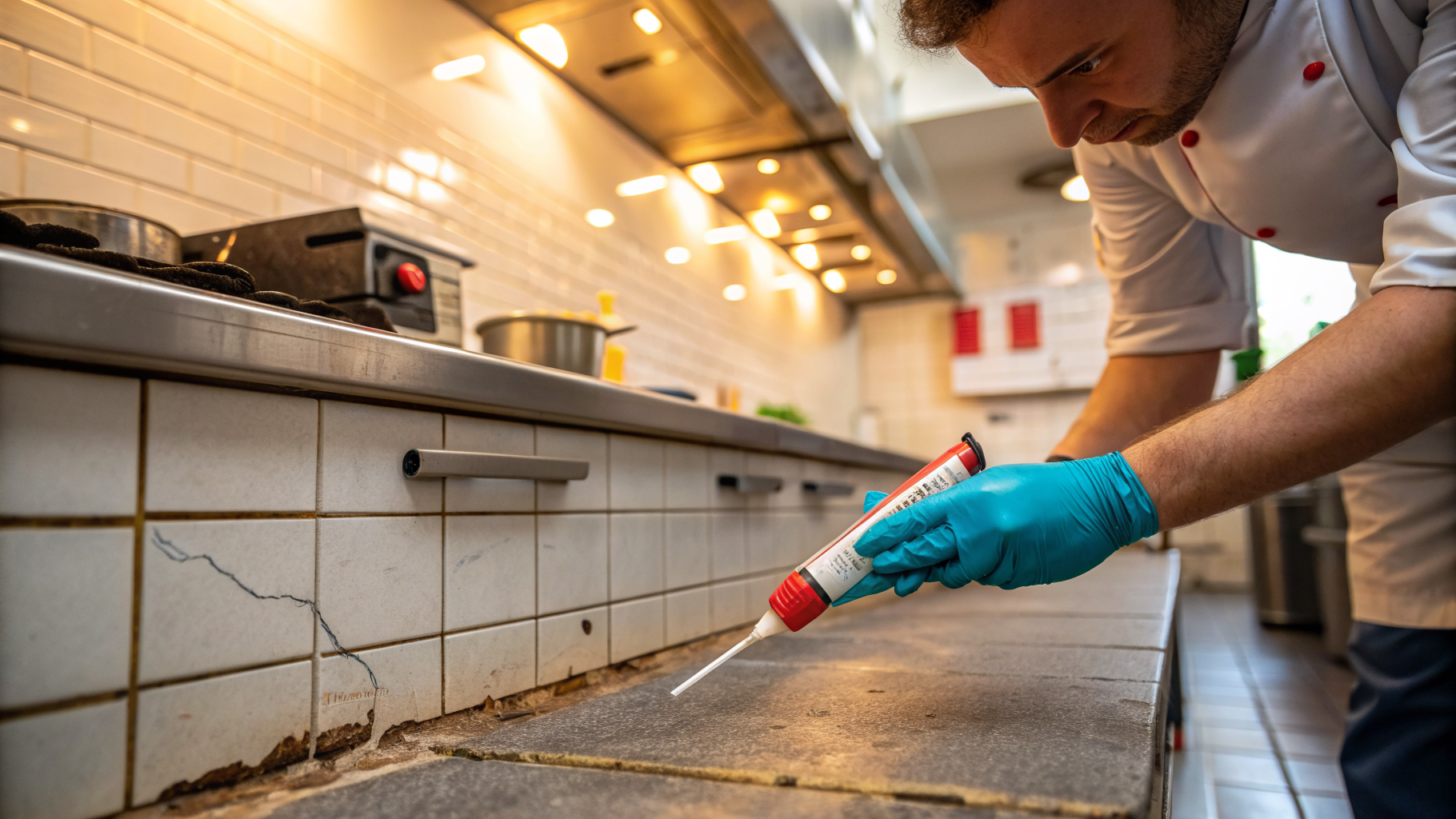 Application d'un gel insecticide dans une fissure derrière un équipement de cuisine professionnelle