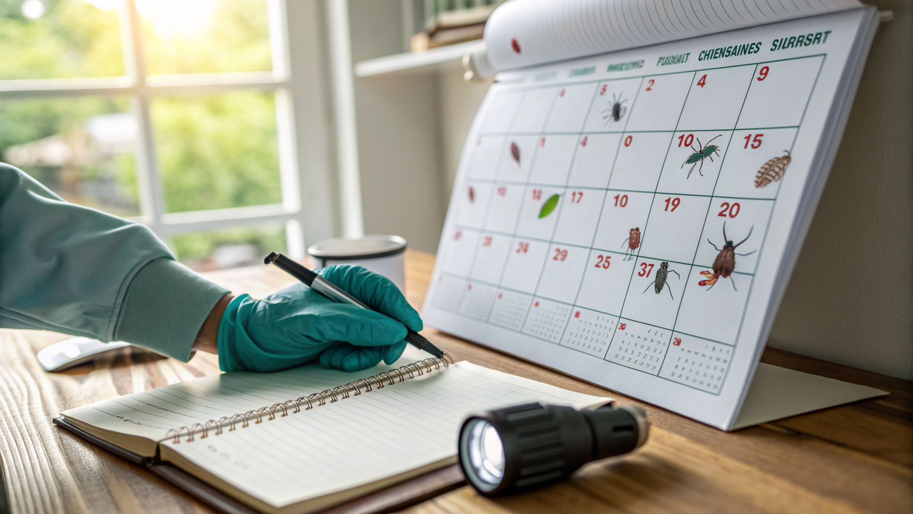 Technicien Sanalia consultant un calendrier mural annoté face à une fenêtre de bureau, documentation terrain sur les nuisibles saisonniers en France