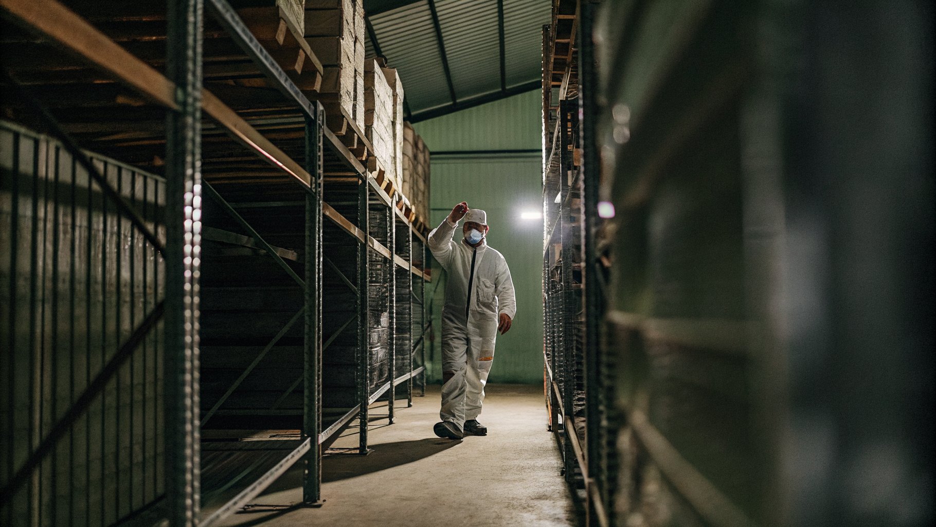 Technicien réalisant une inspection HACCP dans un entrepôt alimentaire français