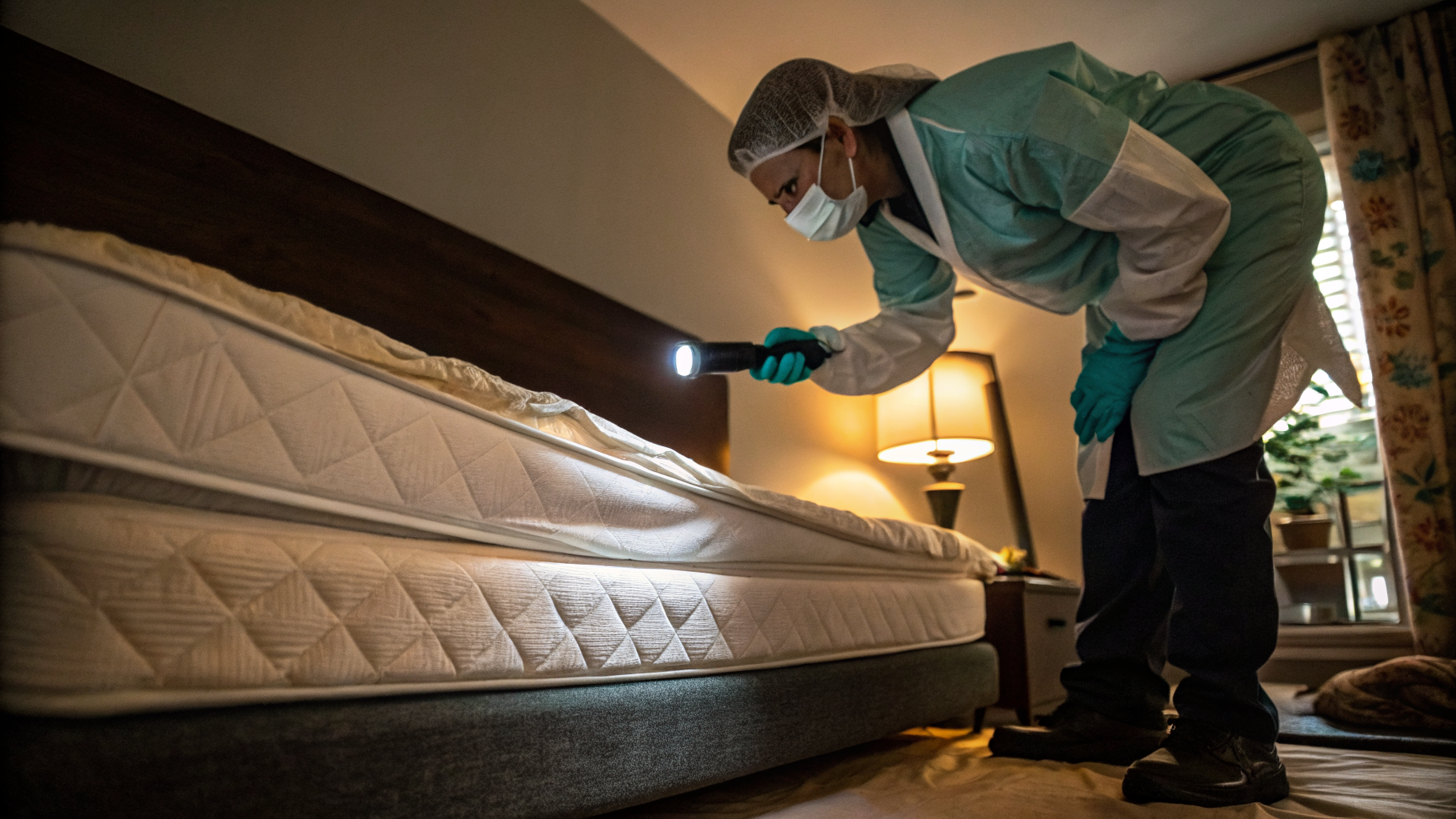Technicien inspectant un matelas à la lampe torche pendant la nuit pour détecter des punaises de lit