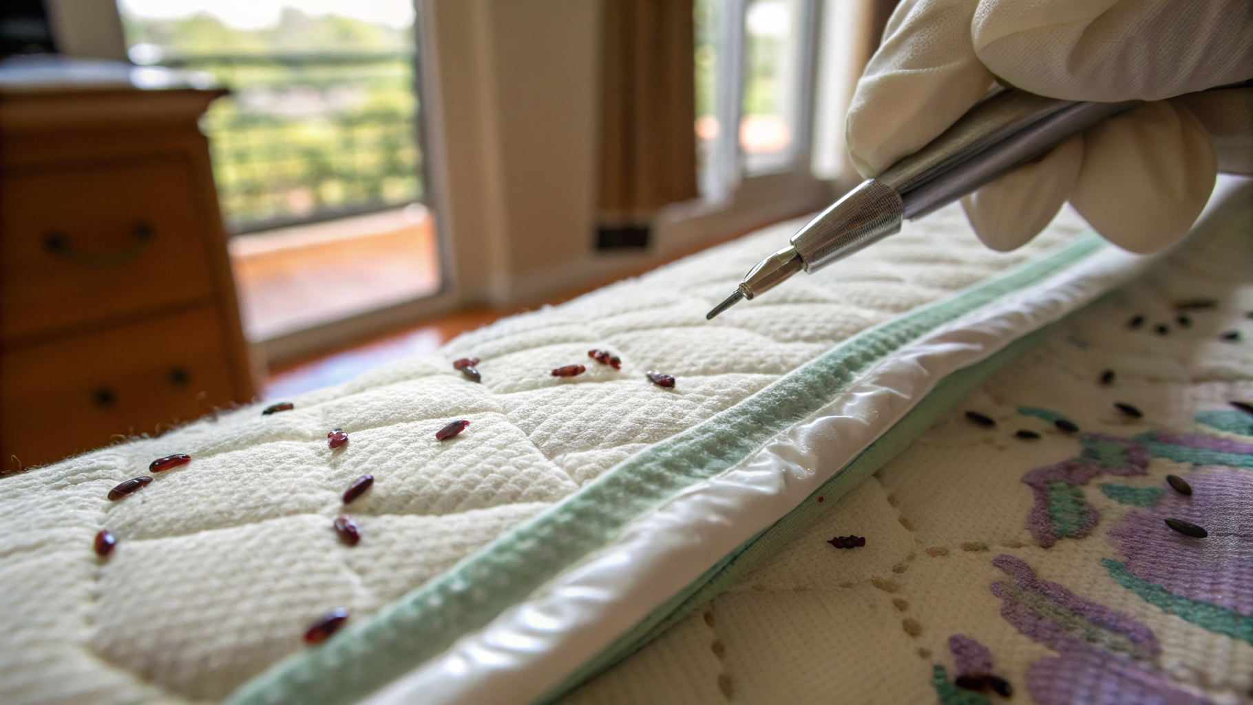 Gros plan sur des taches noires de déjections de punaises de lit dans une couture de matelas