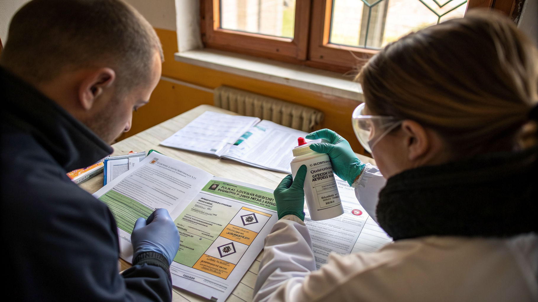 Stagiaires examinant une étiquette de produit biocide pendant une session de formation Certibiocide
