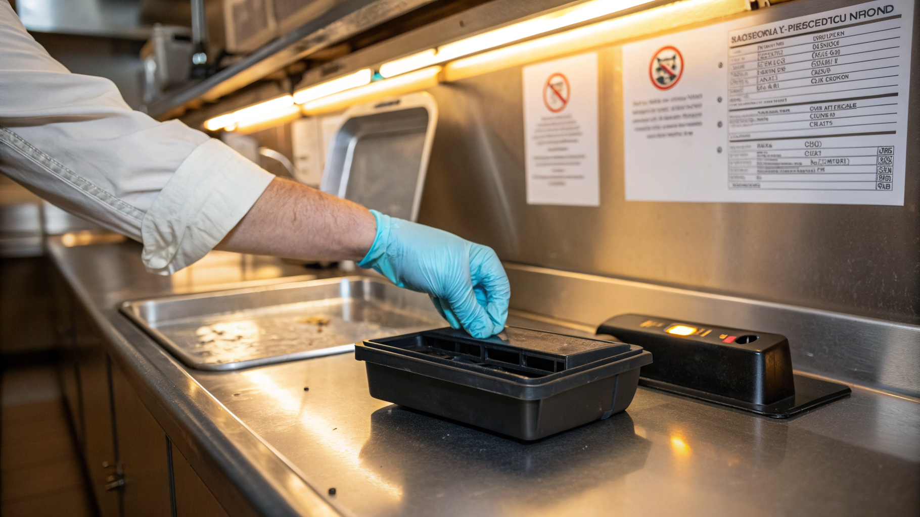 Technicien posant un poste d'appâtage sécurisé le long d'une plinthe de cuisine professionnelle