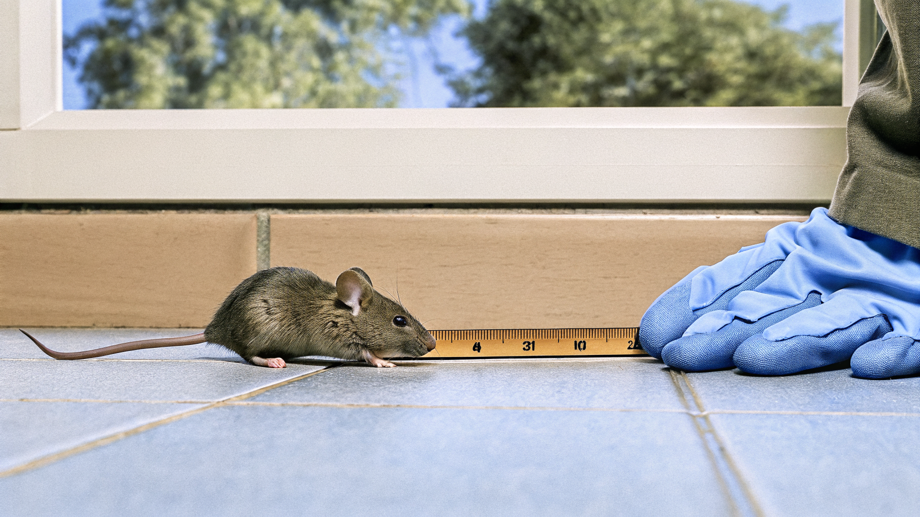 Rat et souris côte à côte avec règle pour comparer taille, oreilles et queue