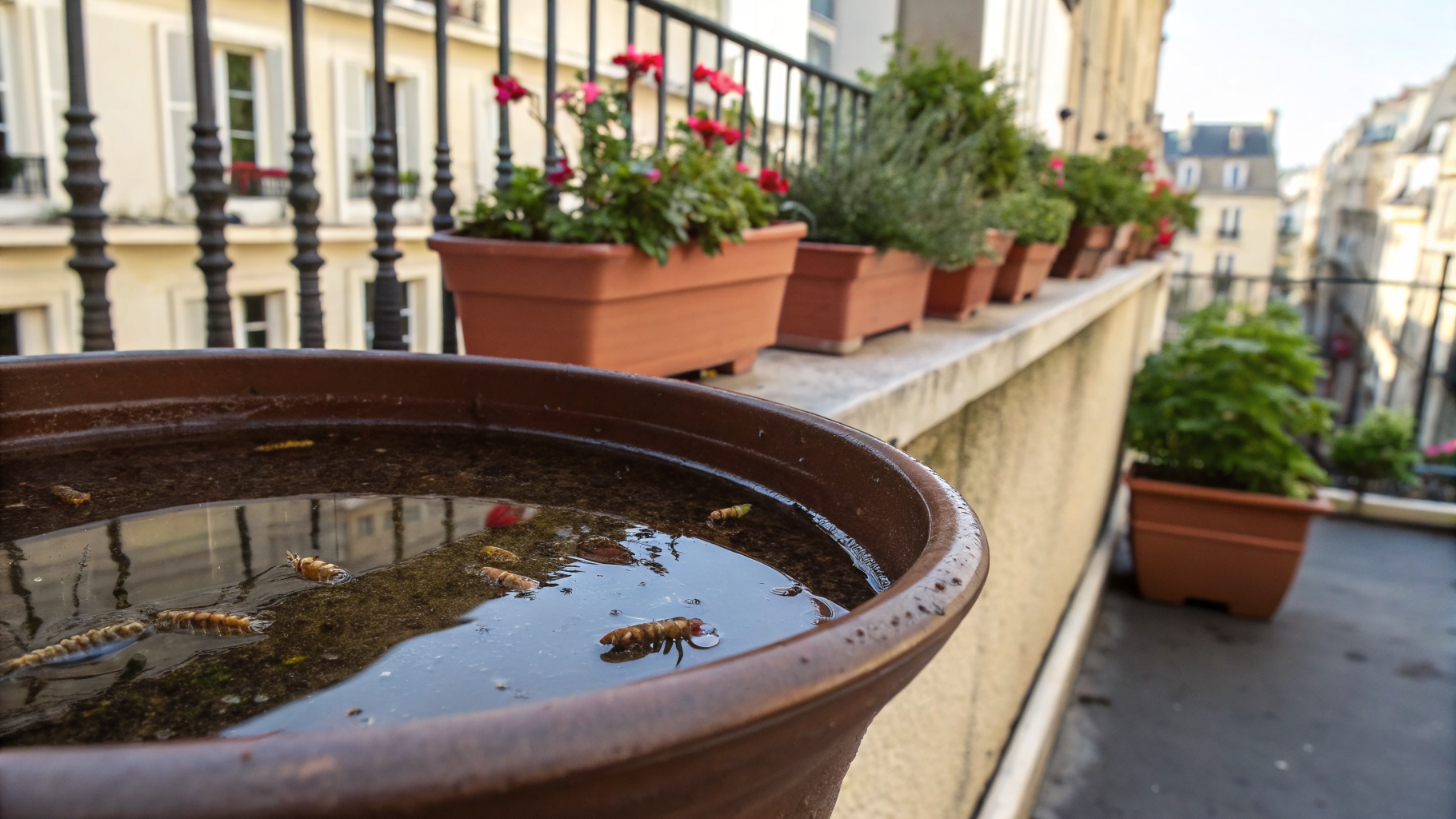 Larves de moustiques dans une soucoupe de pot de fleurs — gîte larvaire sur un balcon parisien