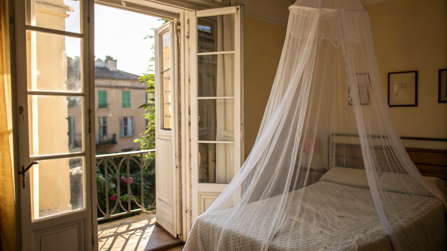 Moustiquaire de lit dans une chambre française avec fenêtre ouverte sur un jardin — protection anti-moustiques
