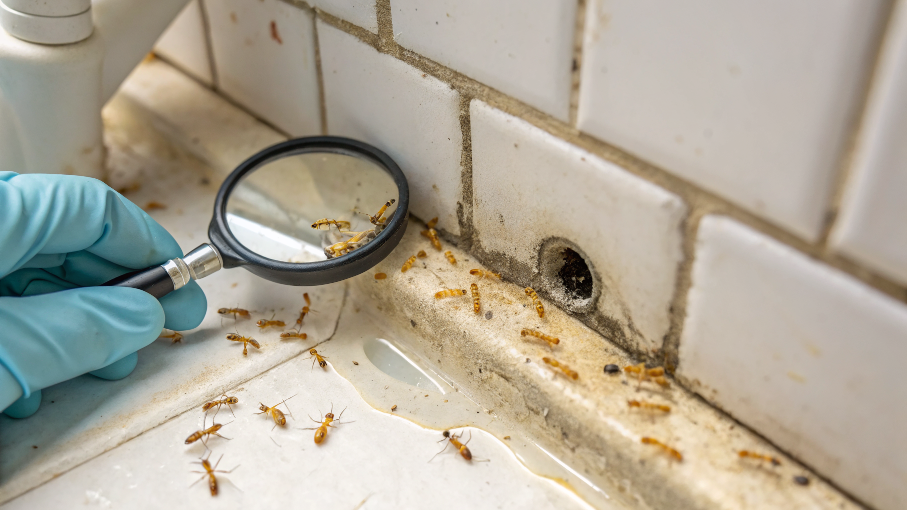 Fourmis pharaon minuscules jaunes inspecées par technicien dans salle de bain française