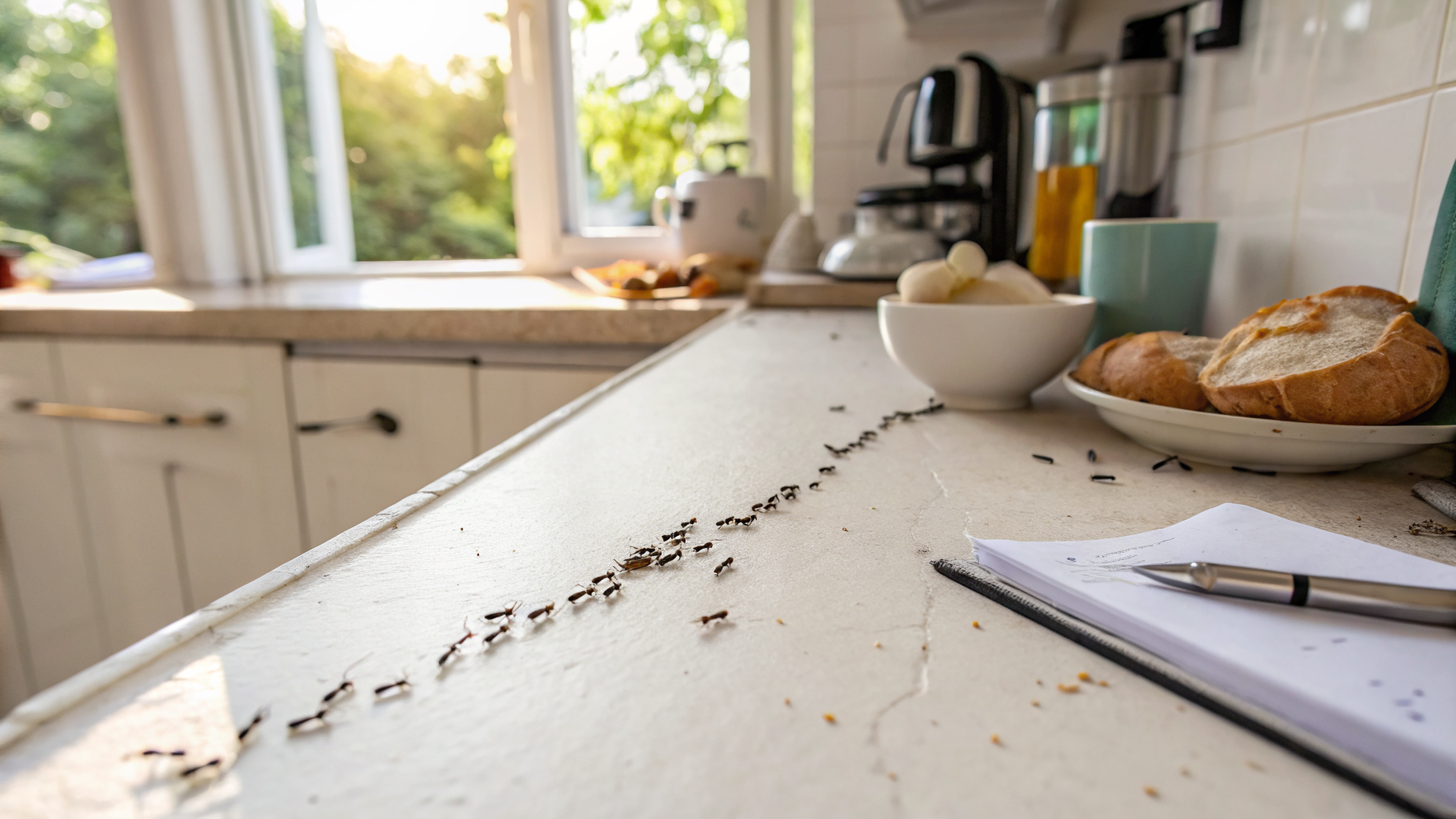 Colonie de fourmis noires traversant un plan de travail de cuisine parisienne