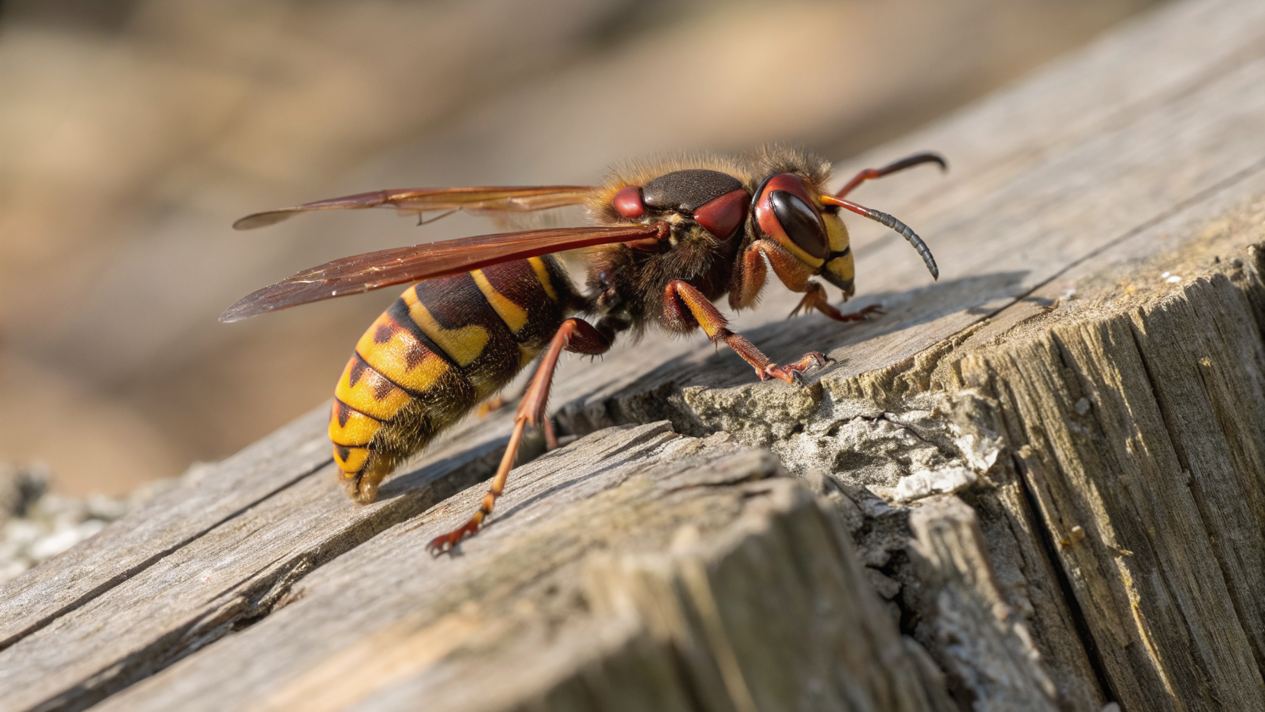 Frelon européen Vespa crabro sur du bois — thorax brun-roux caractéristique