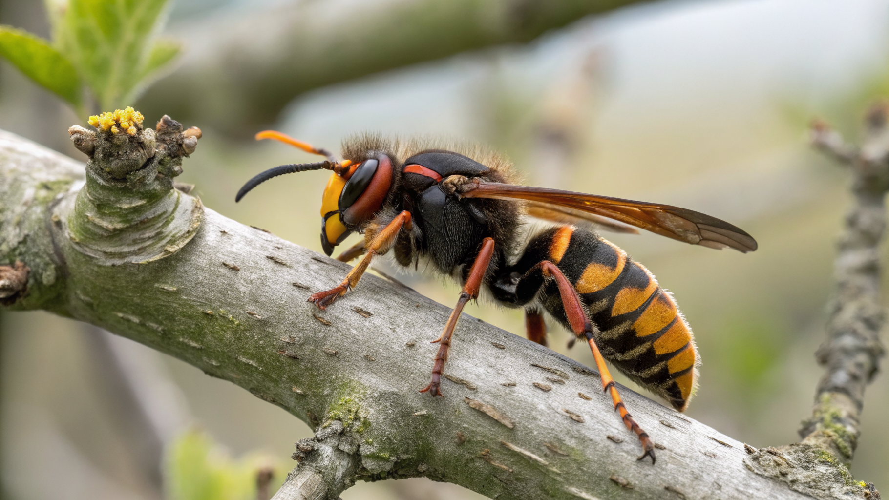 Frelon asiatique Vespa velutina identifié par son thorax noir velouté sur une branche
