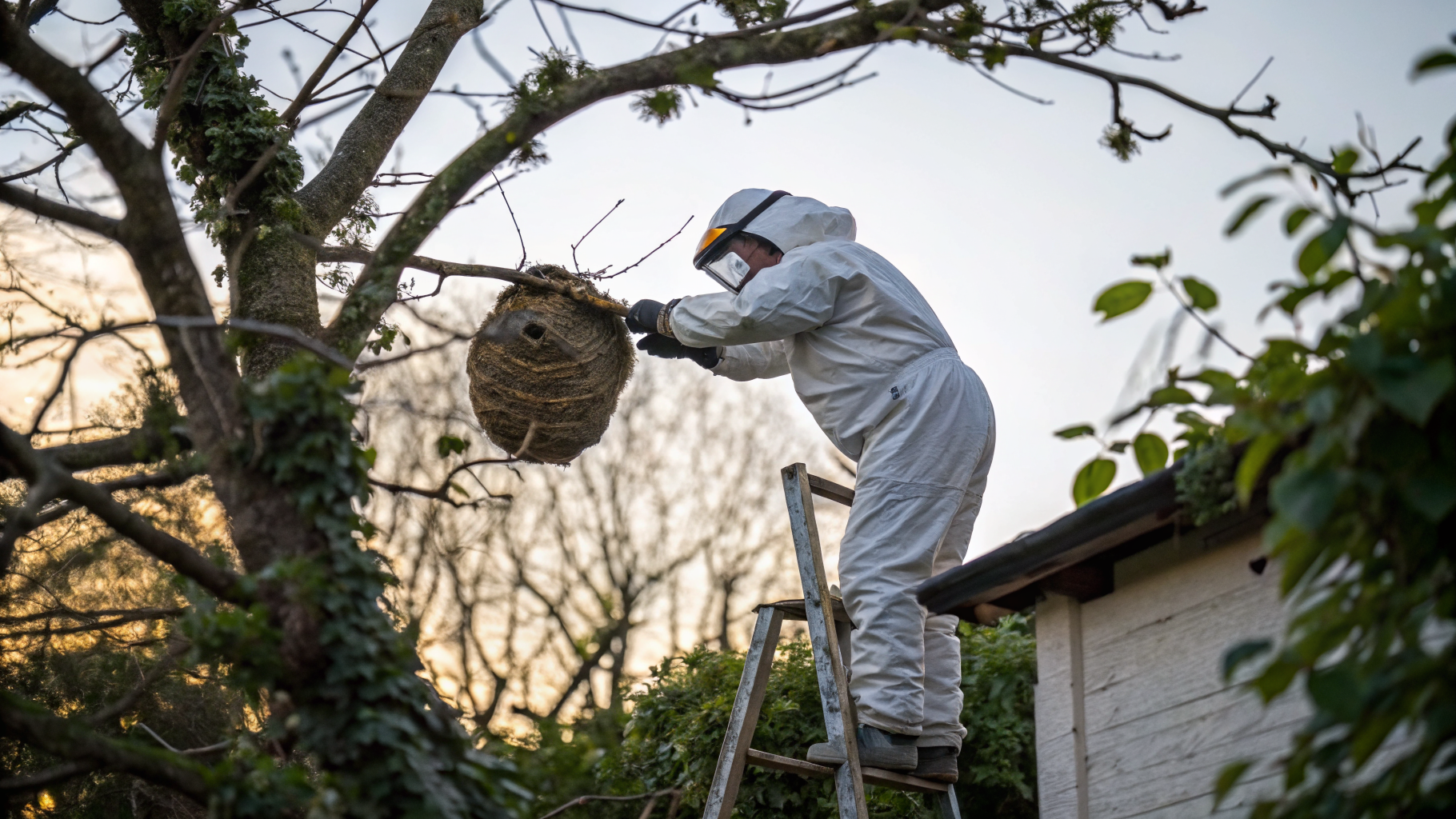 Technicien Certibiocide en combinaison intégrale traitant un nid de frelon asiatique dans un arbre