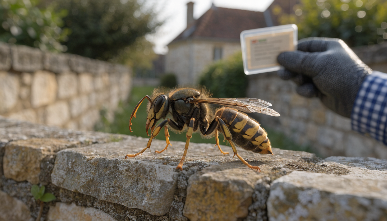 Frelon asiatique Vespa velutina — pattes jaunes caractéristiques et thorax brun-noir, vue rapprochée sur une fleur