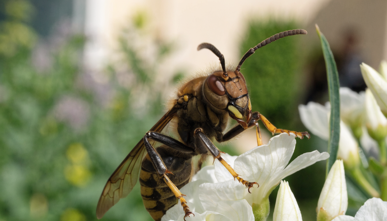 Frelon asiatique Vespa velutina sur une fleur — pattes jaunes caractéristiques, vue rapprochée terrain