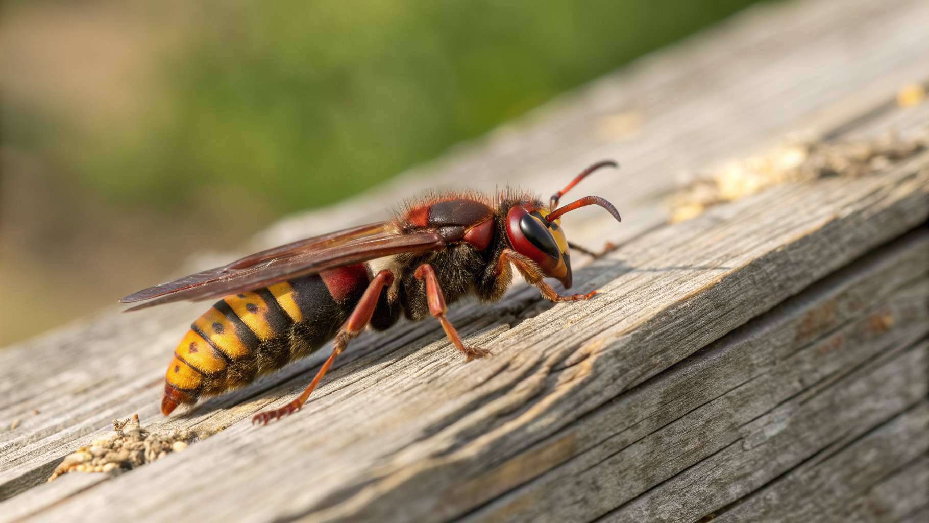 Frelon européen (Vespa crabro) vu de profil, pattes rouge-brun et abdomen jaune et noir rayé
