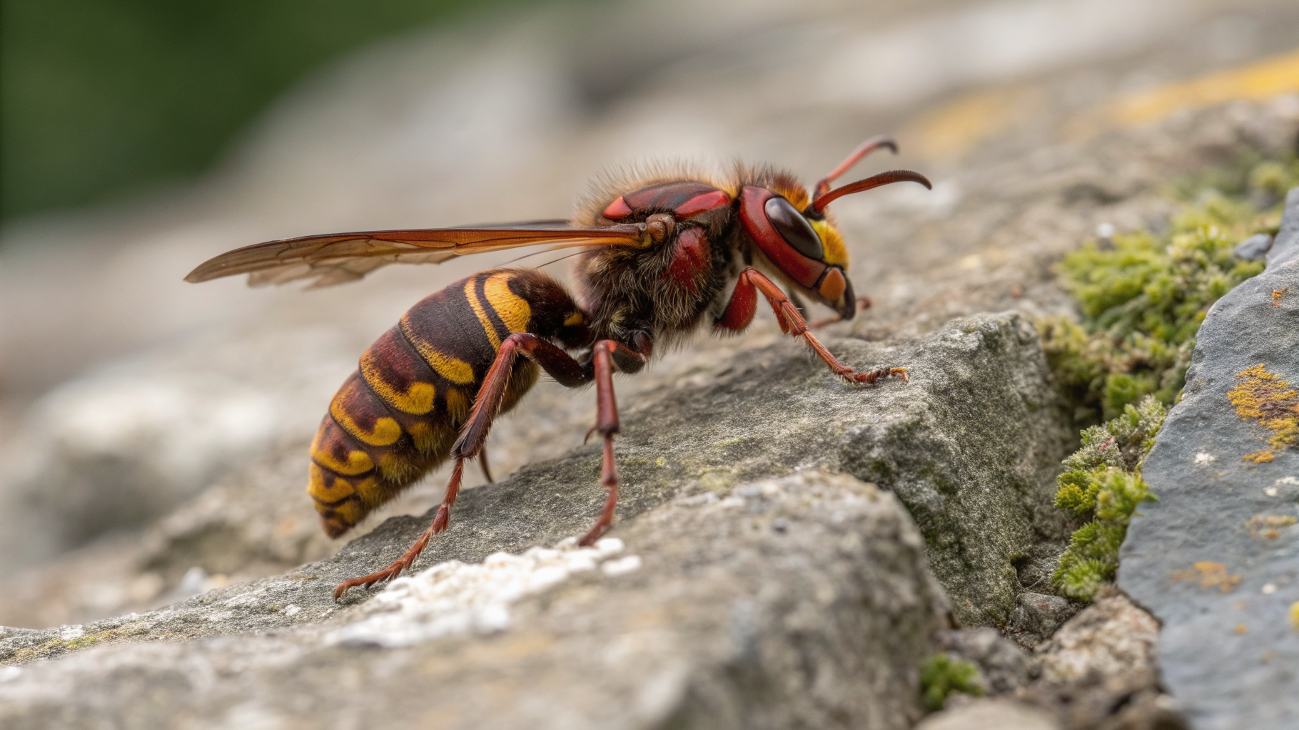 Gros plan sur les pattes rouge-brun et le thorax noir taché de rouge d'un frelon européen