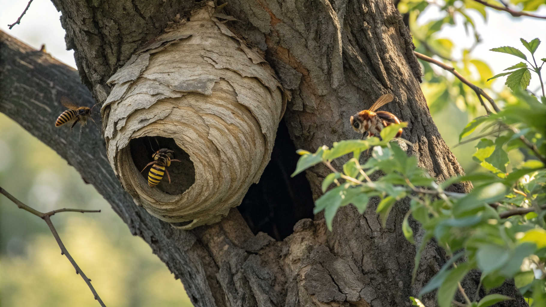 Nid de frelon européen en papier mâché beige niché dans la cavité d'un arbre creux