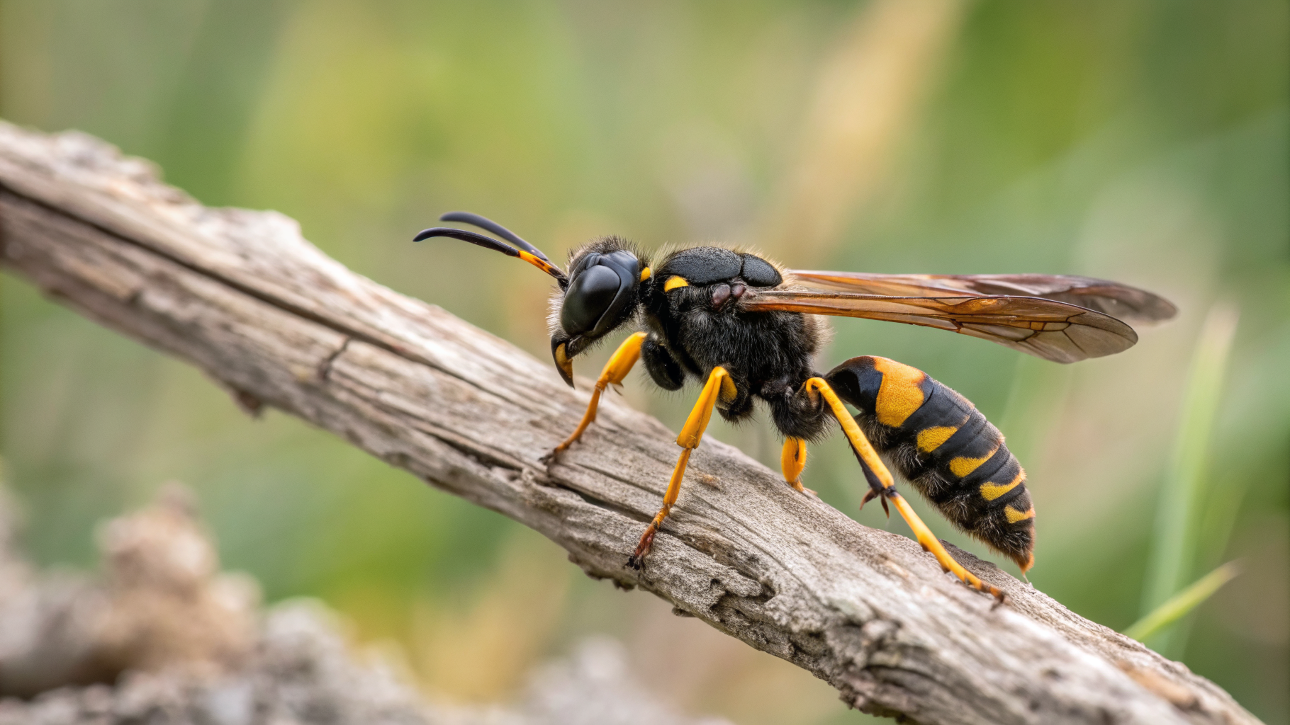Guêpe maçonne (Sceliphron spirifex) en gros plan sur une branche — silhouette noire et pattes jaunes distinctives