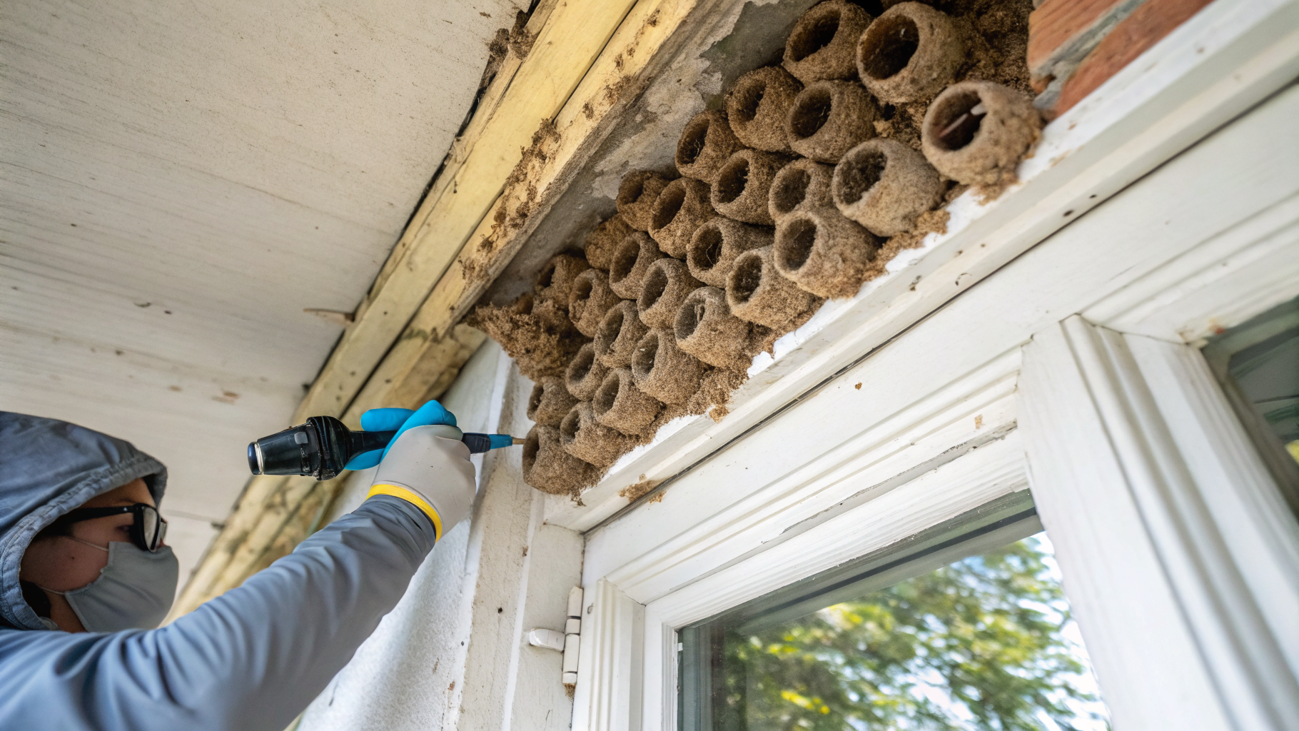 Nid de guêpe maçonne en boue sur un cadre de fenêtre — cellules cylindriques visibles