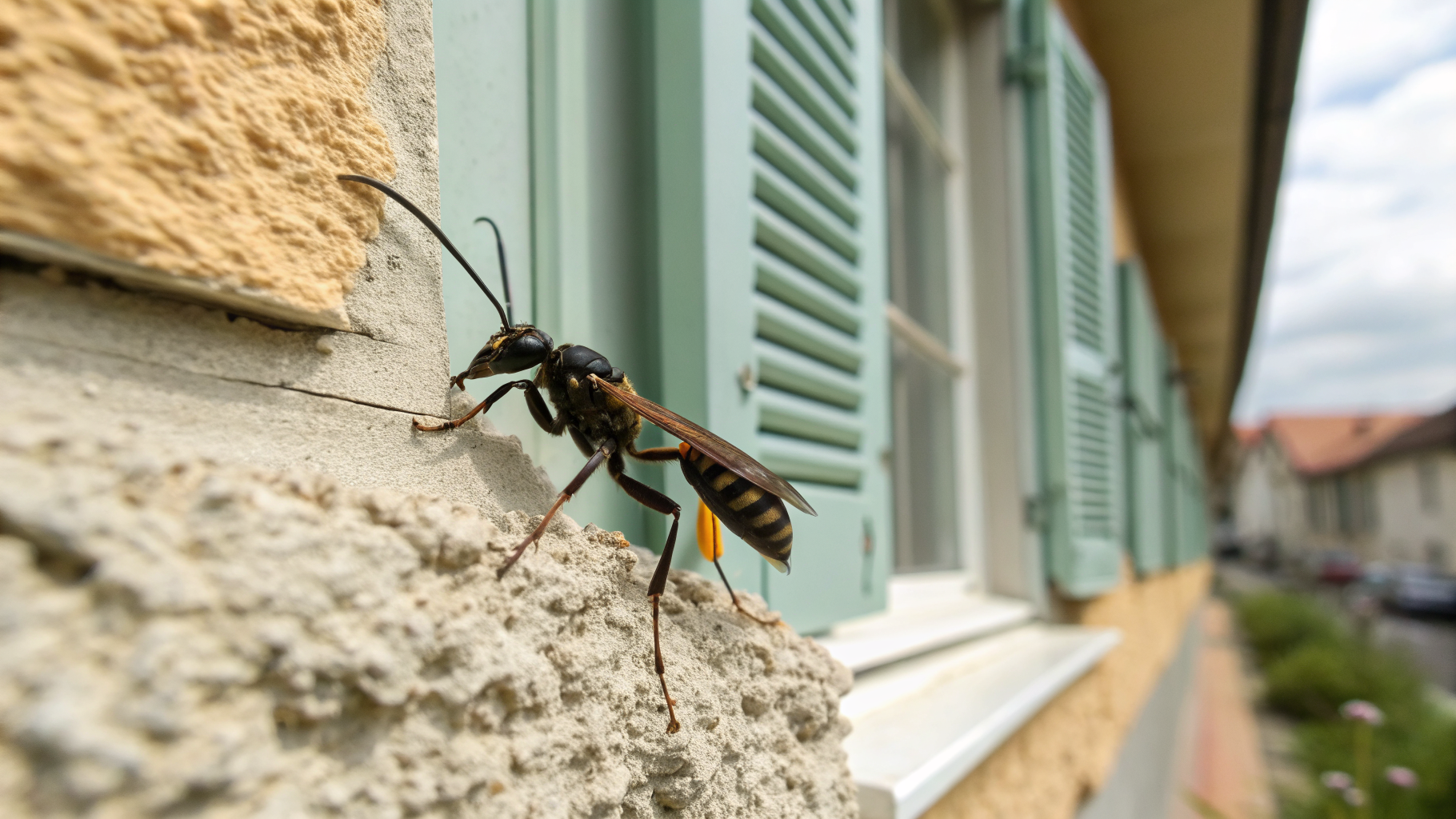 Guêpe noire de type guêpe maçonne posée sur la façade d'une maison près d'un volet roulant