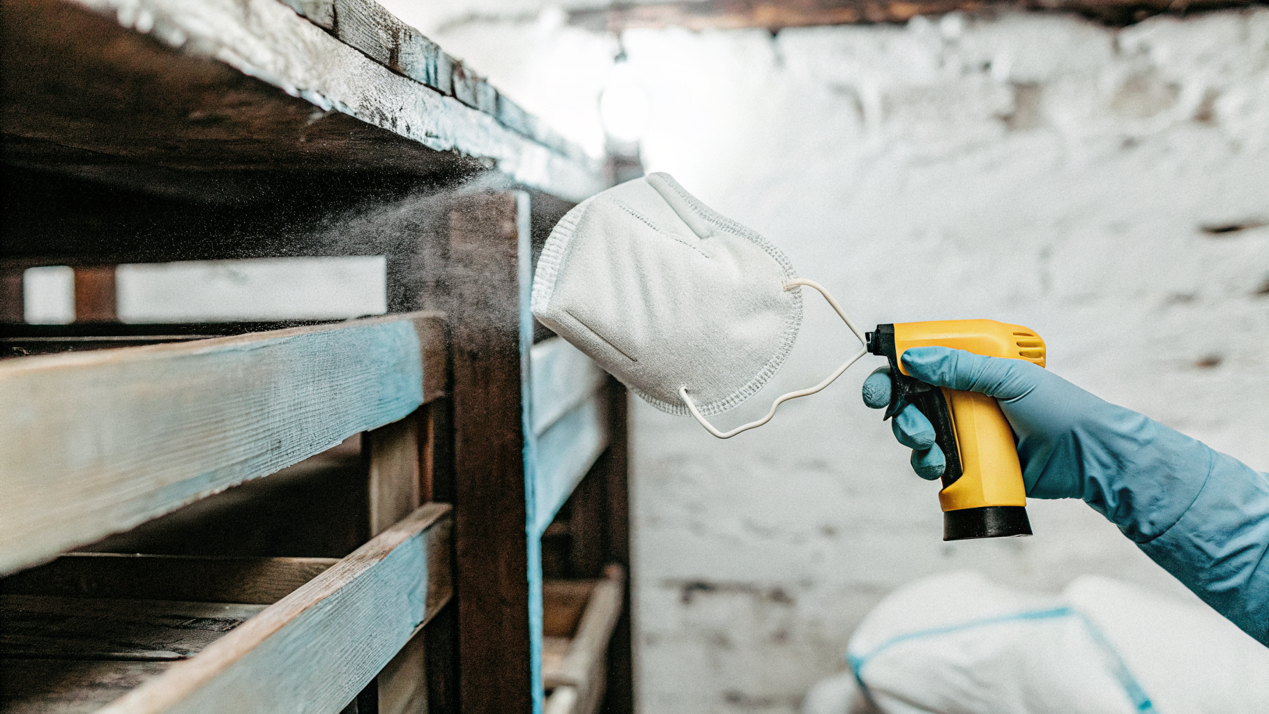 Nettoyage protégé d'une cave après infestation : masque FFP2, gants nitriles, surface humidifiée