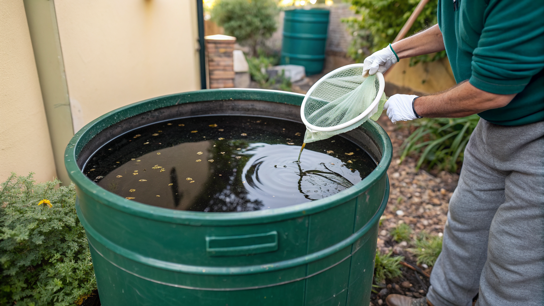 Récupérateur d'eau de pluie ouvert avec des larves de moustique dans un jardin
