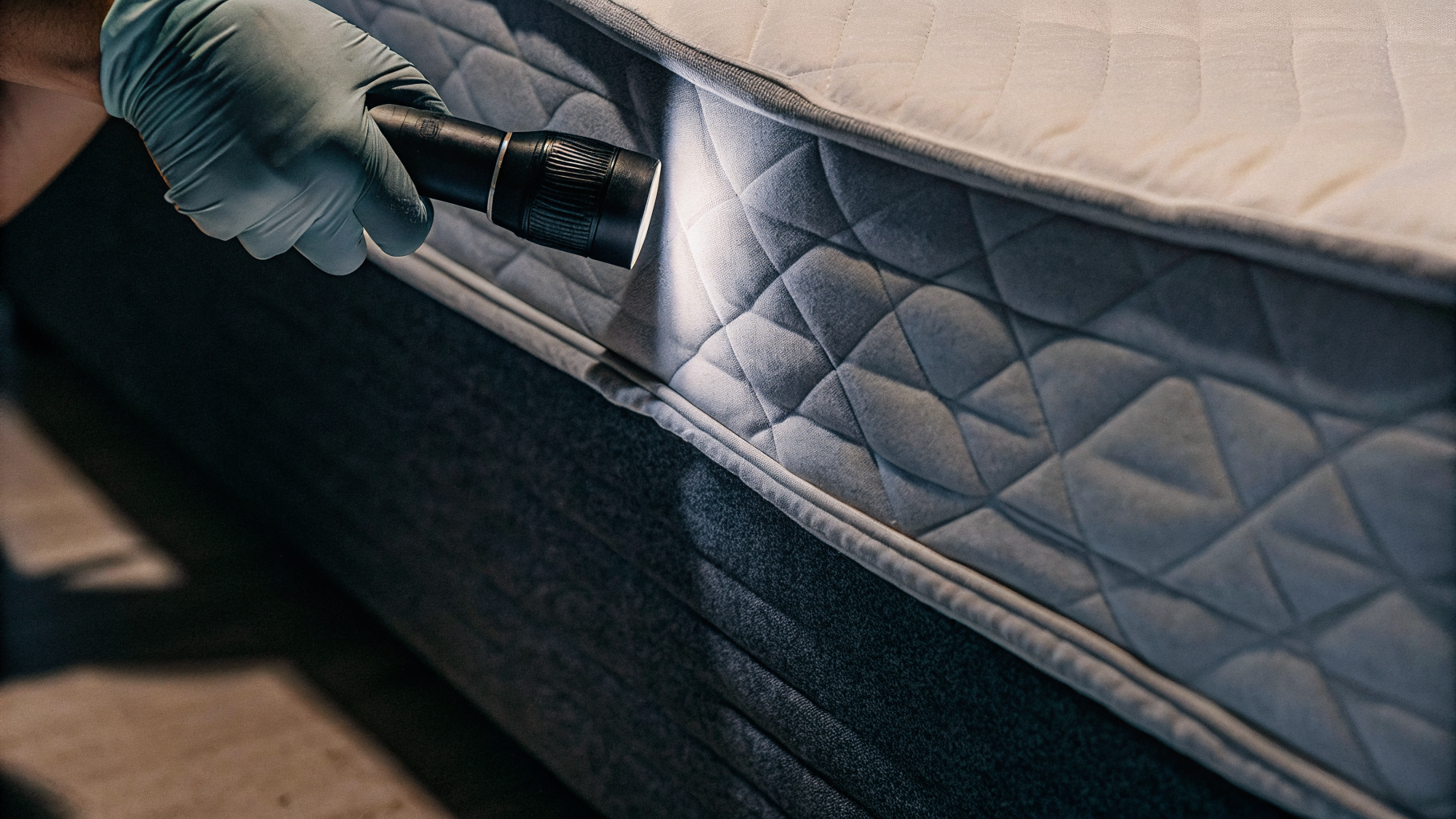 Technicien Certibiocide inspectant les coutures d'un matelas avec une lampe torche lors d'un diagnostic punaises de lit