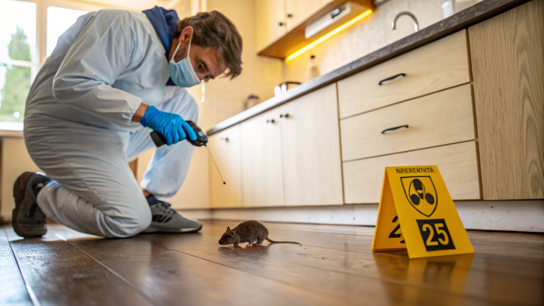 Technicien Certibiocide inspectant des traces de rats dans une cuisine parisienne