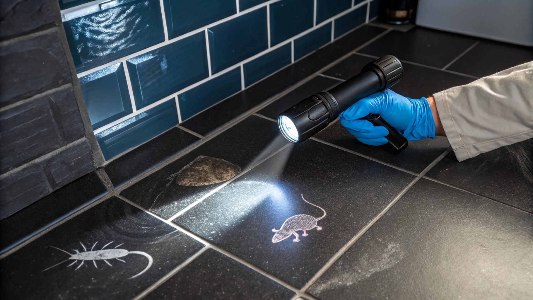 Inspection UV révélant des traces d'urine de rat dans une cuisine — technique de détection professionnelle