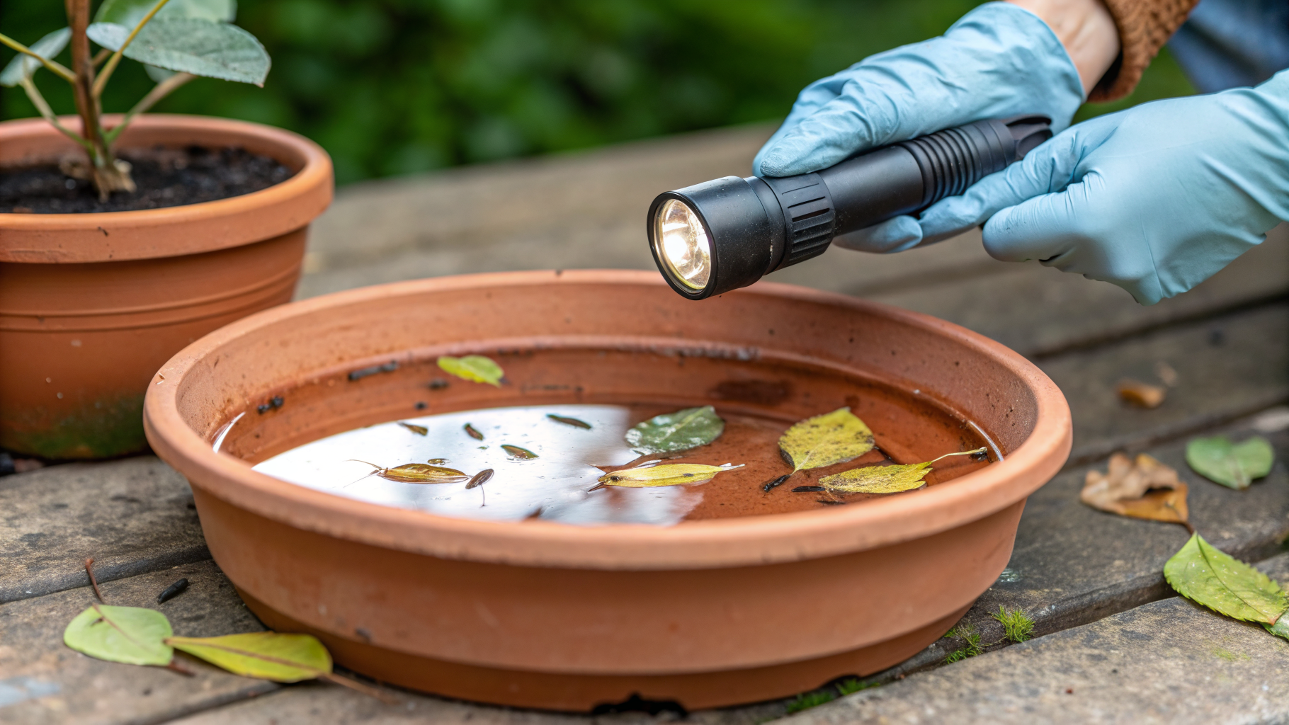 Soucoupe de pot de fleur avec eau stagnante et larves de moustique tigre, inspection terrain Sanalia