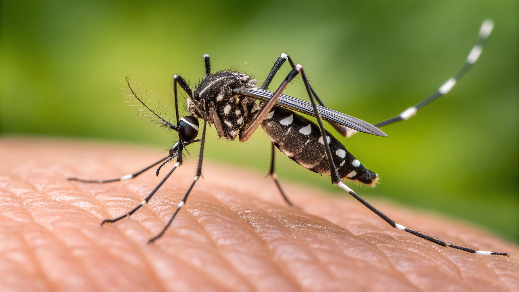 Moustique tigre Aedes albopictus en gros plan macro, rayures noires et blanches visibles sur le corps et les pattes