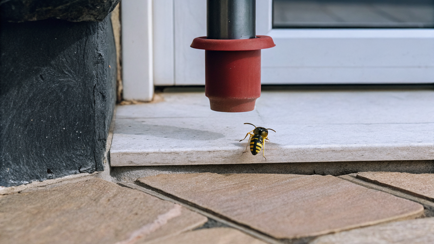 Piège à guêpes en entonnoir suspendu dans un jardin français avec des guêpes attirées par l'appât