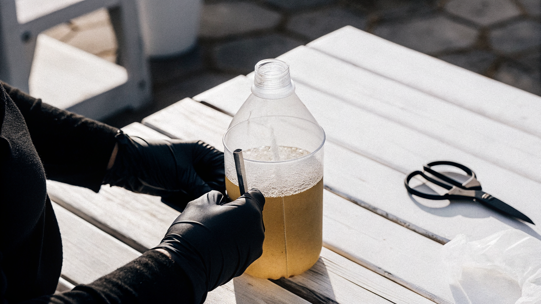 Piège à guêpes artisanal fait maison avec une bouteille plastique suspendu dans un jardin français