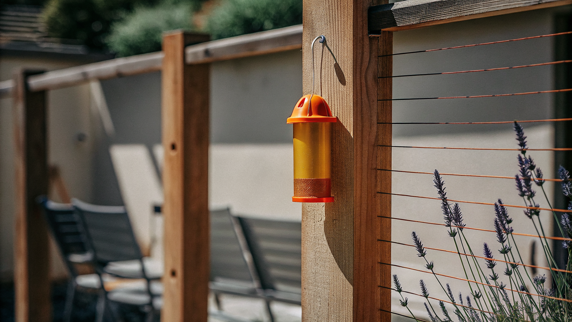 Pose d'un piège à guêpes commercial sur une terrasse de jardin en été