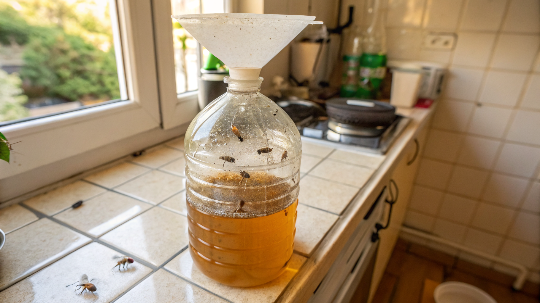 Piège à mouche artisanal au vinaigre de cidre posé sur un plan de travail de cuisine française
