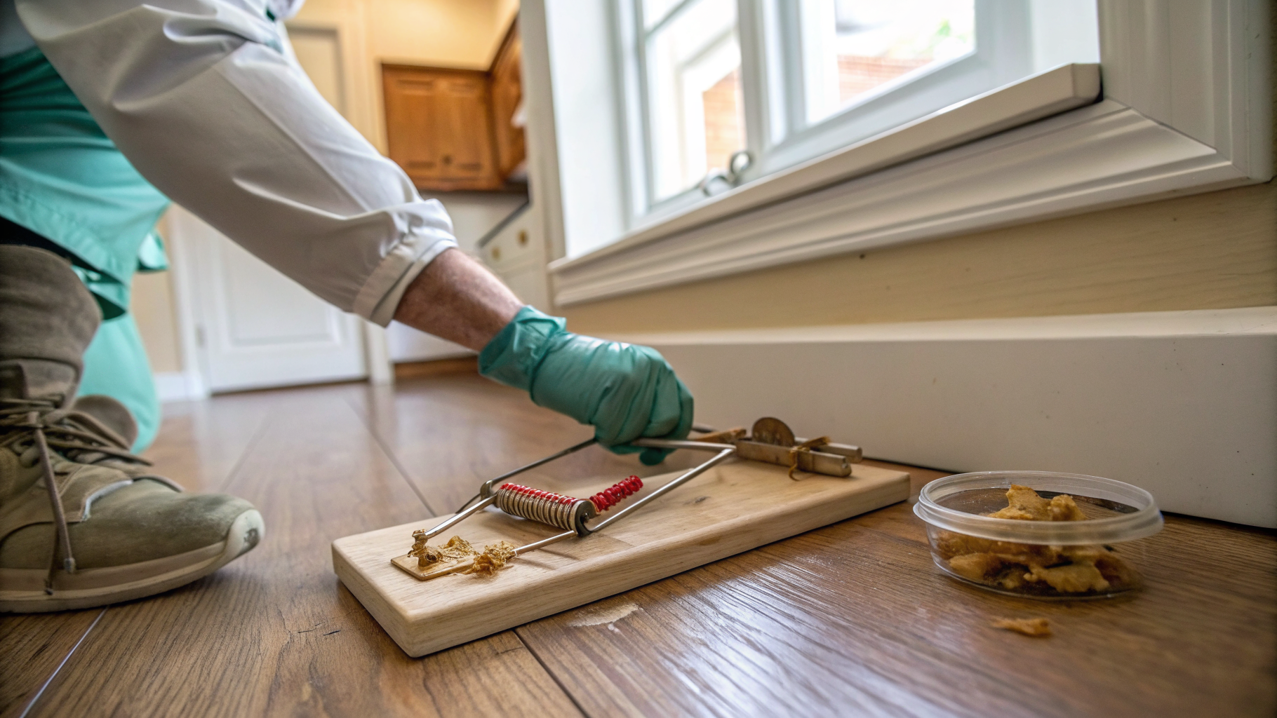 Technicien posant un piège à souris appâté contre une plinthe de cuisine