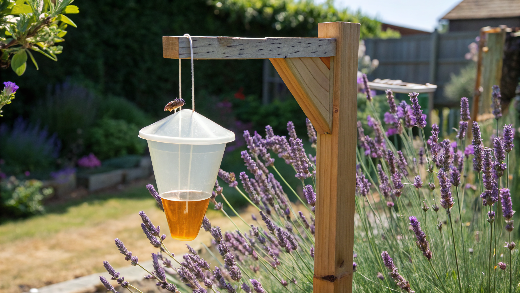 Piège à frelon asiatique installé en hauteur près de massifs de lavande dans un jardin
