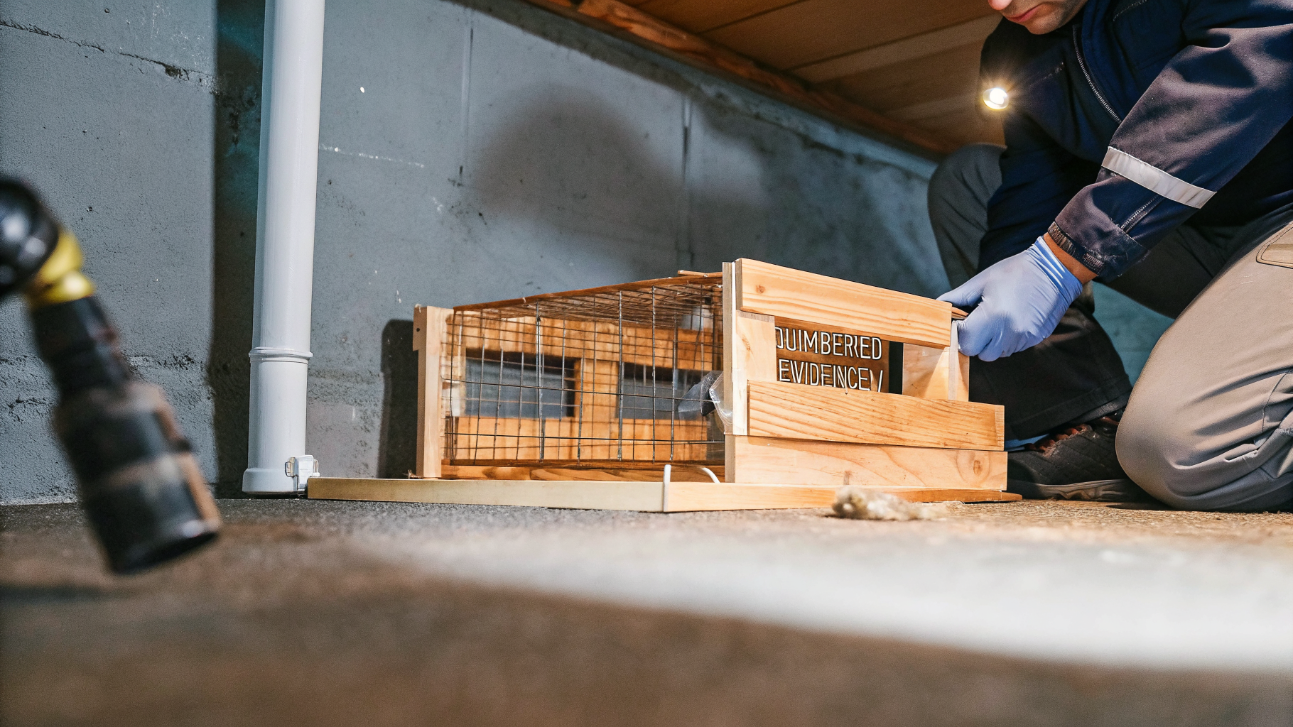 Technicien Certibiocide posant un piège à rat en cage dans une cave parisienne